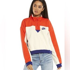 Nike Polar Fleece Womens Orange And Blue Color Blocked Quarter Zip Sweatshirt